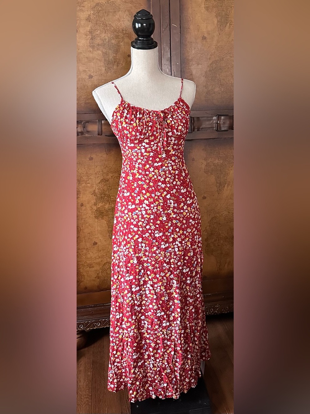 Red Floral Spaghetti-Strap Maxi Dress